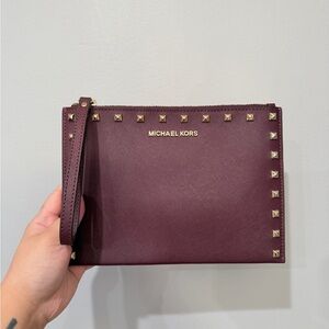 Michael Kors Deep Wine Saffiano Leather Wristlet with Gold Studs